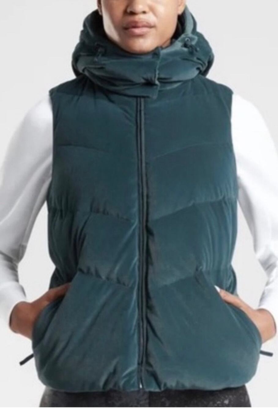 Athleta Lofty Velvet Puffer Vest Goose Down Detachable Hood Women XL Puffy Green